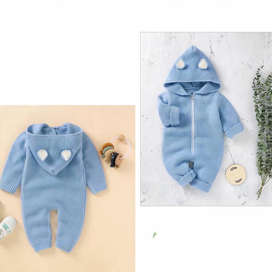 Barboteuse à capuche pour la mi-saison en maille bleu – Image 3