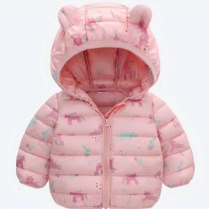 Doudoune bébé fille rose avec capuche à petites oreilles