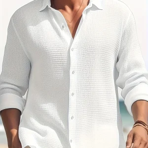 Chemise à revers à manches longues, texture gaufrée, décontractée, confortable