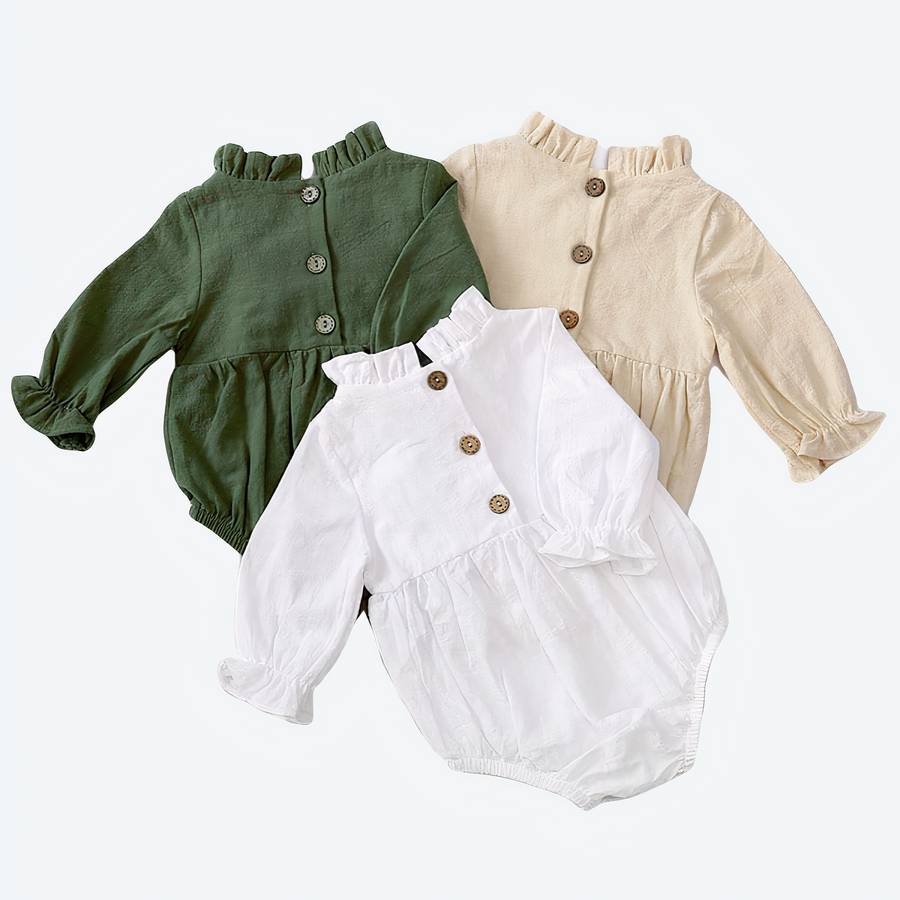 Barboteuse en coton à manches longues et volants pour bébé – Image 2