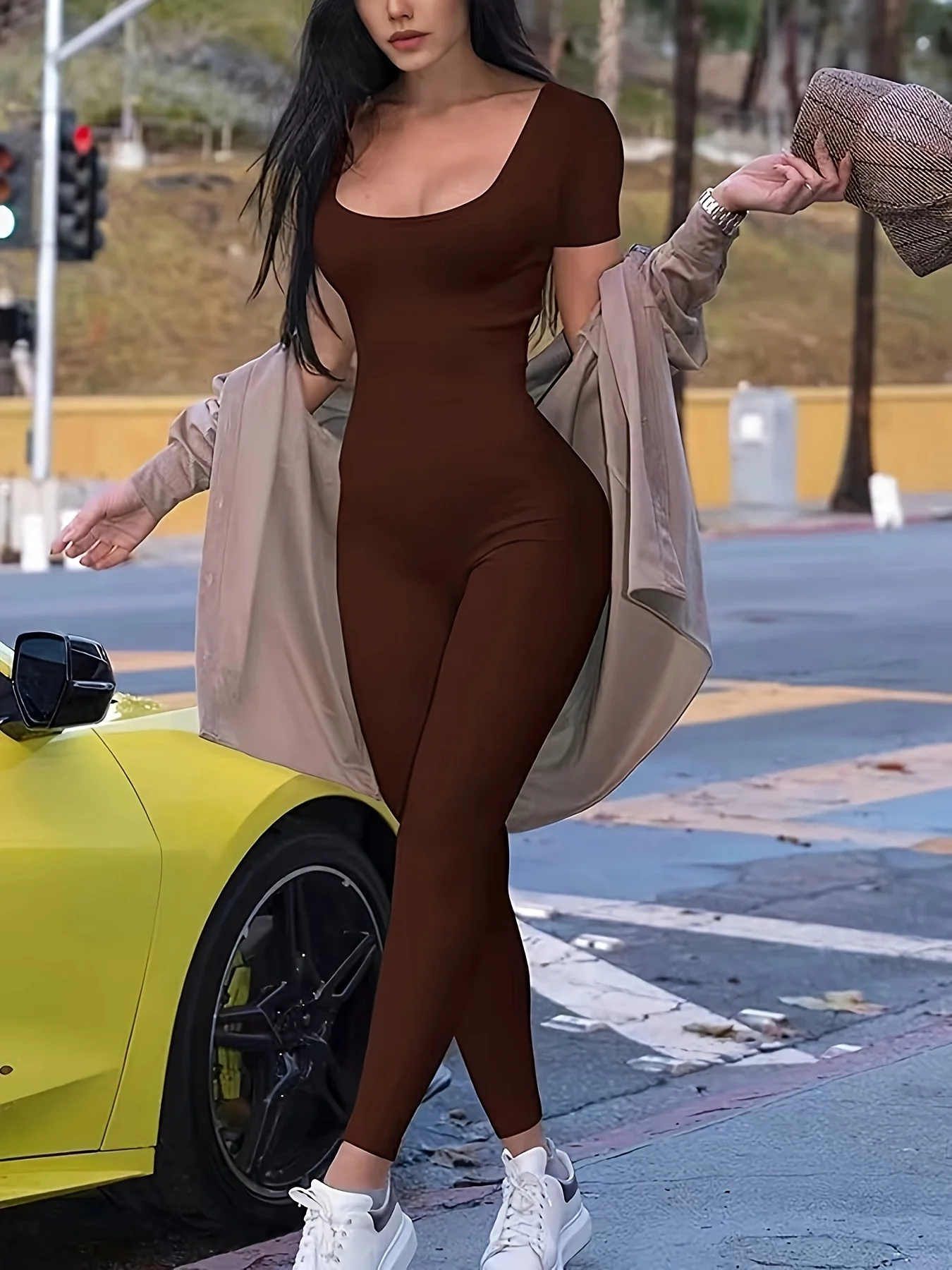 Combinaison de Yoga pour femmes, couleur unie, combinaison slim à manches courtes – Image 4