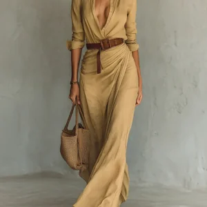 Azura™ | Robe longue ceinturée à manches longues et revers