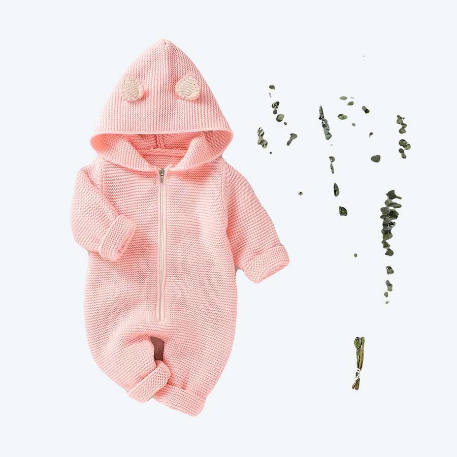 Barboteuse à capuche pour la mi-saison en maille rose – Image 2