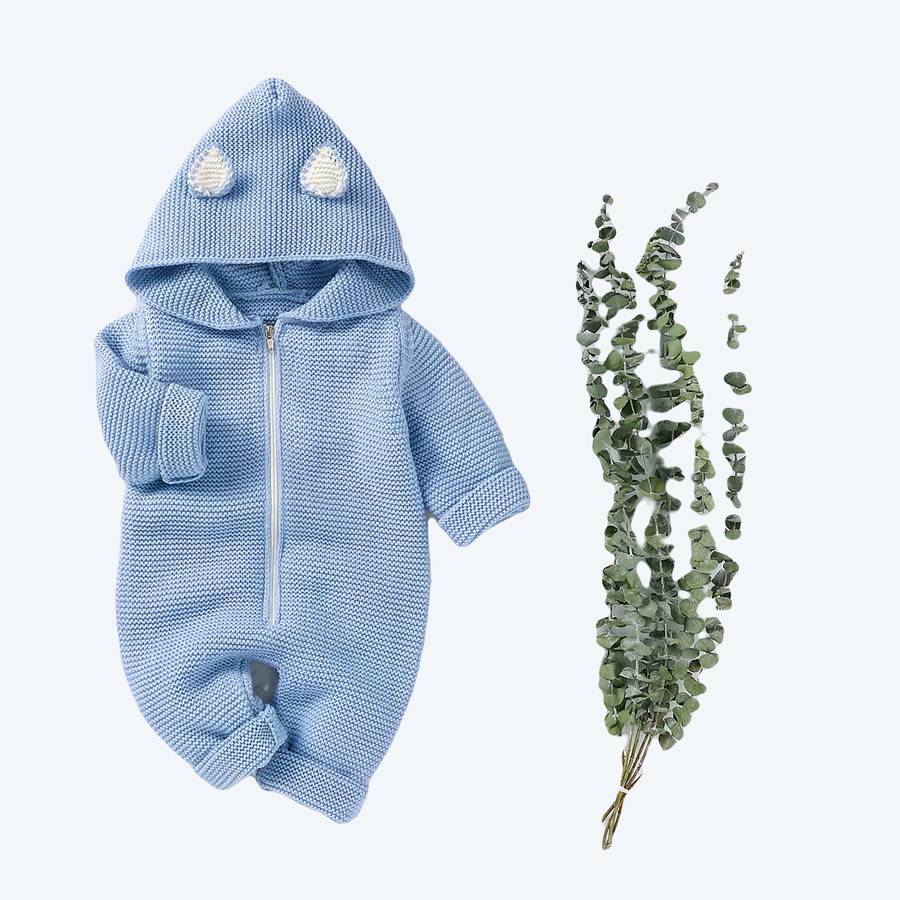 Barboteuse à capuche pour la mi-saison en maille bleu – Image 2