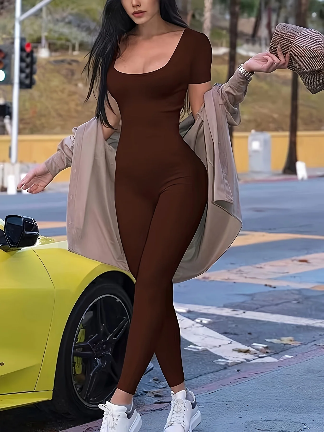 Combinaison de Yoga pour femmes, couleur unie, combinaison slim à manches courtes – Image 3