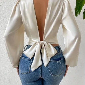 Chemisier dos nu à col montant, chemisier élégant à manches longues avec nœud au dos