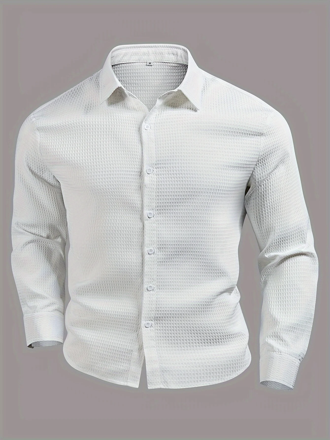 Chemise à revers à manches longues, texture gaufrée, décontractée, confortable – Image 3