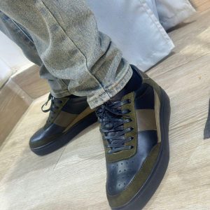 Sneakers Casual-Chic en Cuir Noir et Suède Vert Kaki