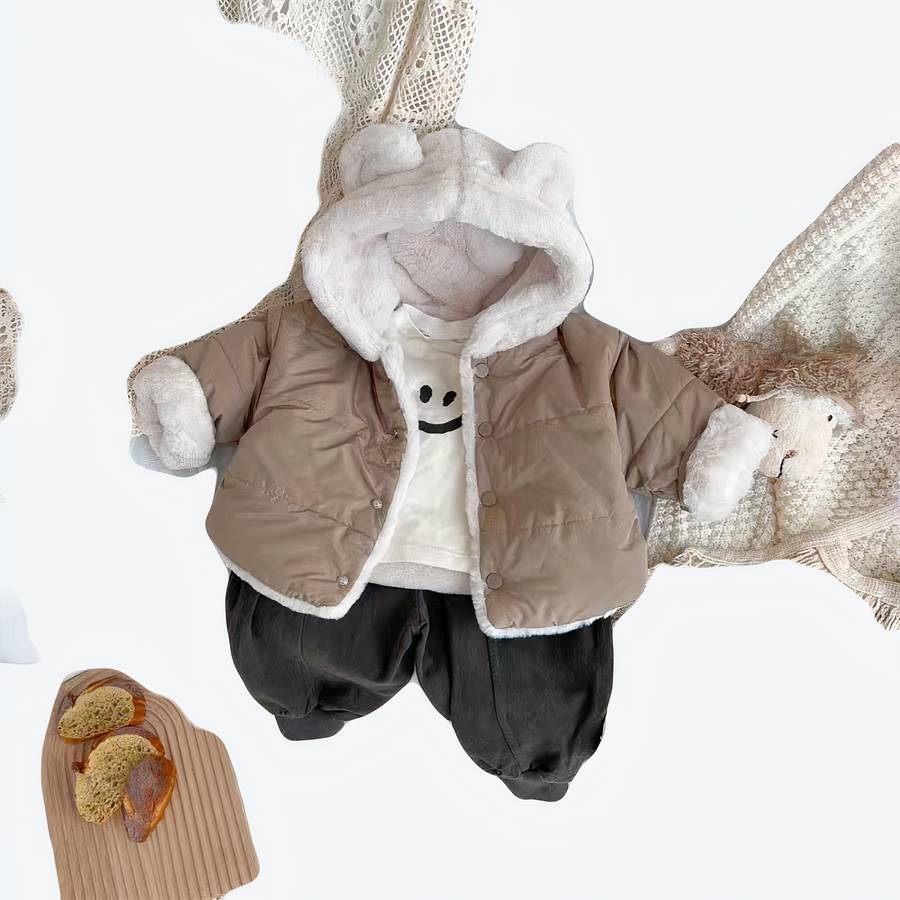 Doudoune bébé beige épais en fourrure douce avec capuche à oreilles pour garçon et fille – Image 2