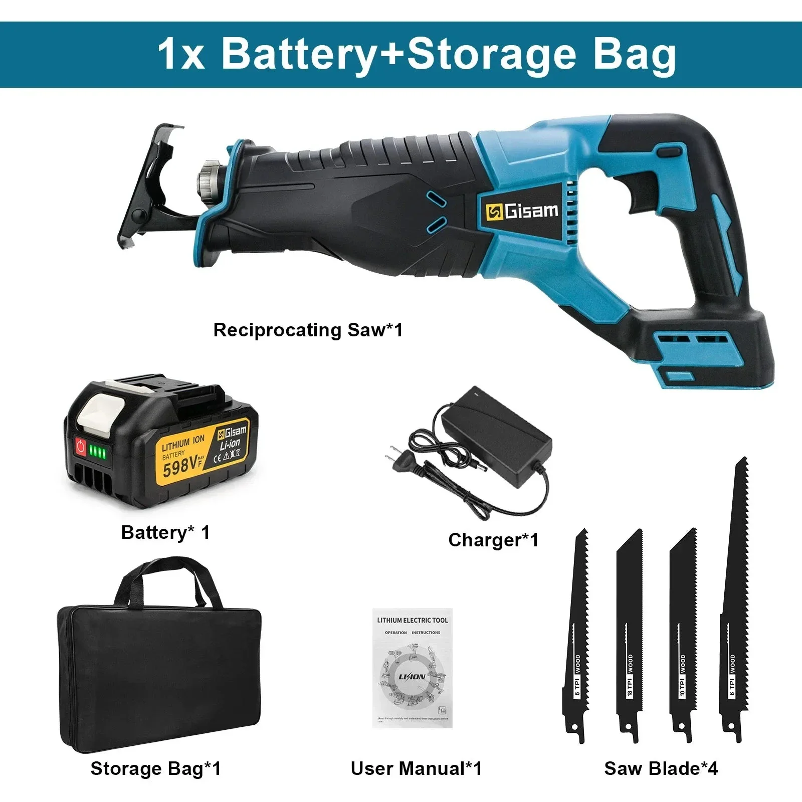 Gisam Scie Sabre 3000W 10000SPM Sans Fil - Coupe Rapide Compatible 18V Makita – Image 5