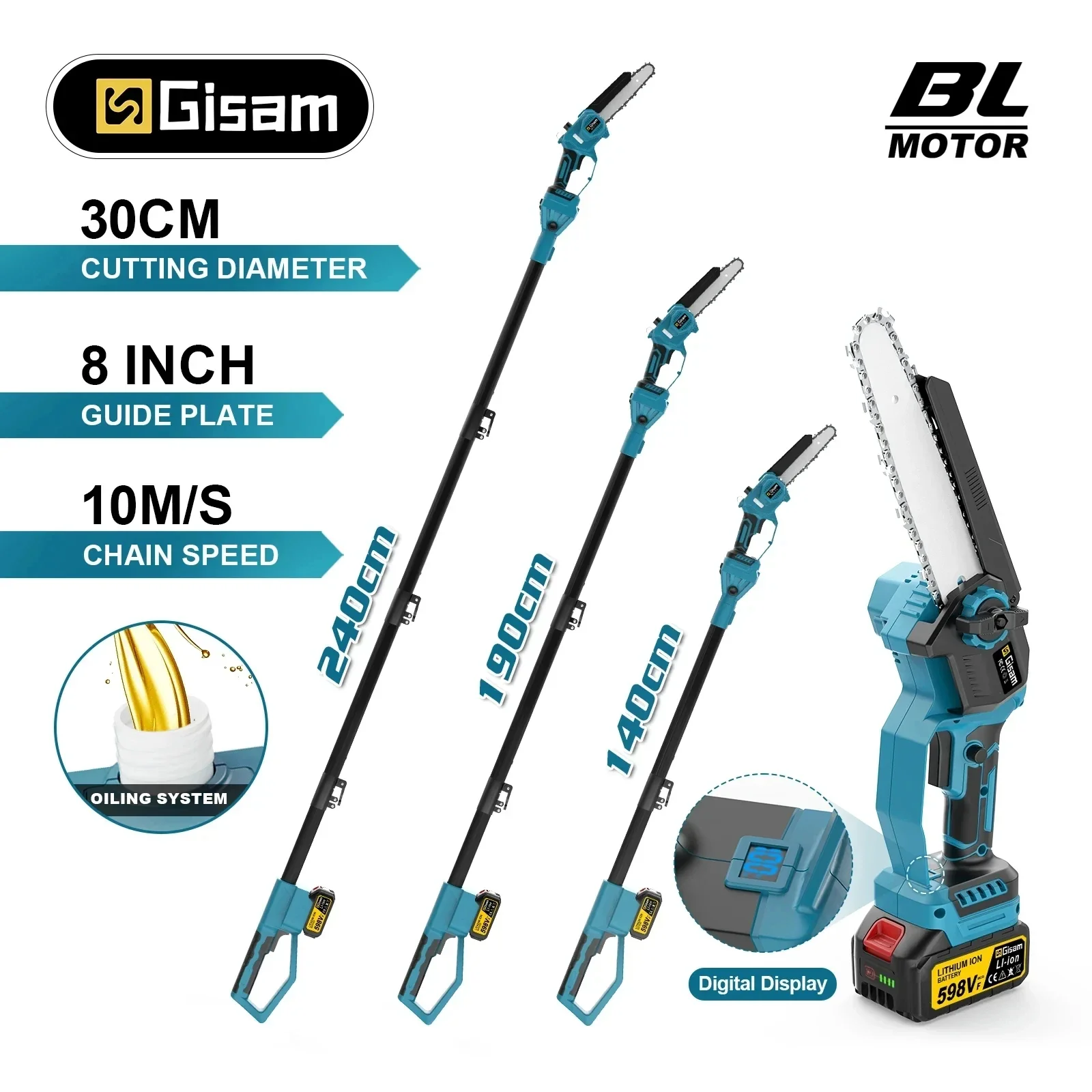 GISAM Tronçonneuse Télescopique 8 Pouces Coupe En Hauteur Compatible Makita 18V – Image 3