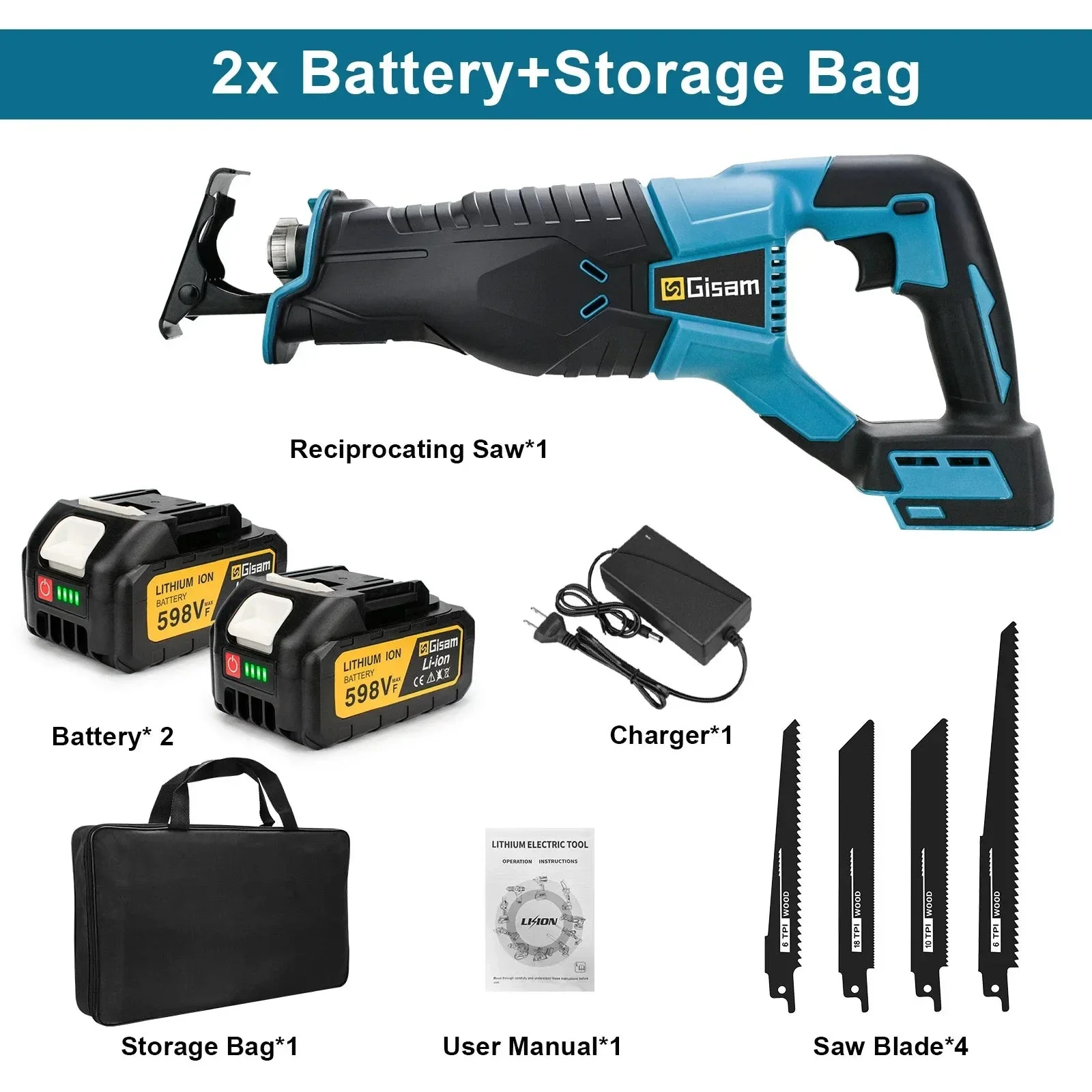 Gisam Scie Sabre 3000W 10000SPM Sans Fil - Coupe Rapide Compatible 18V Makita – Image 7