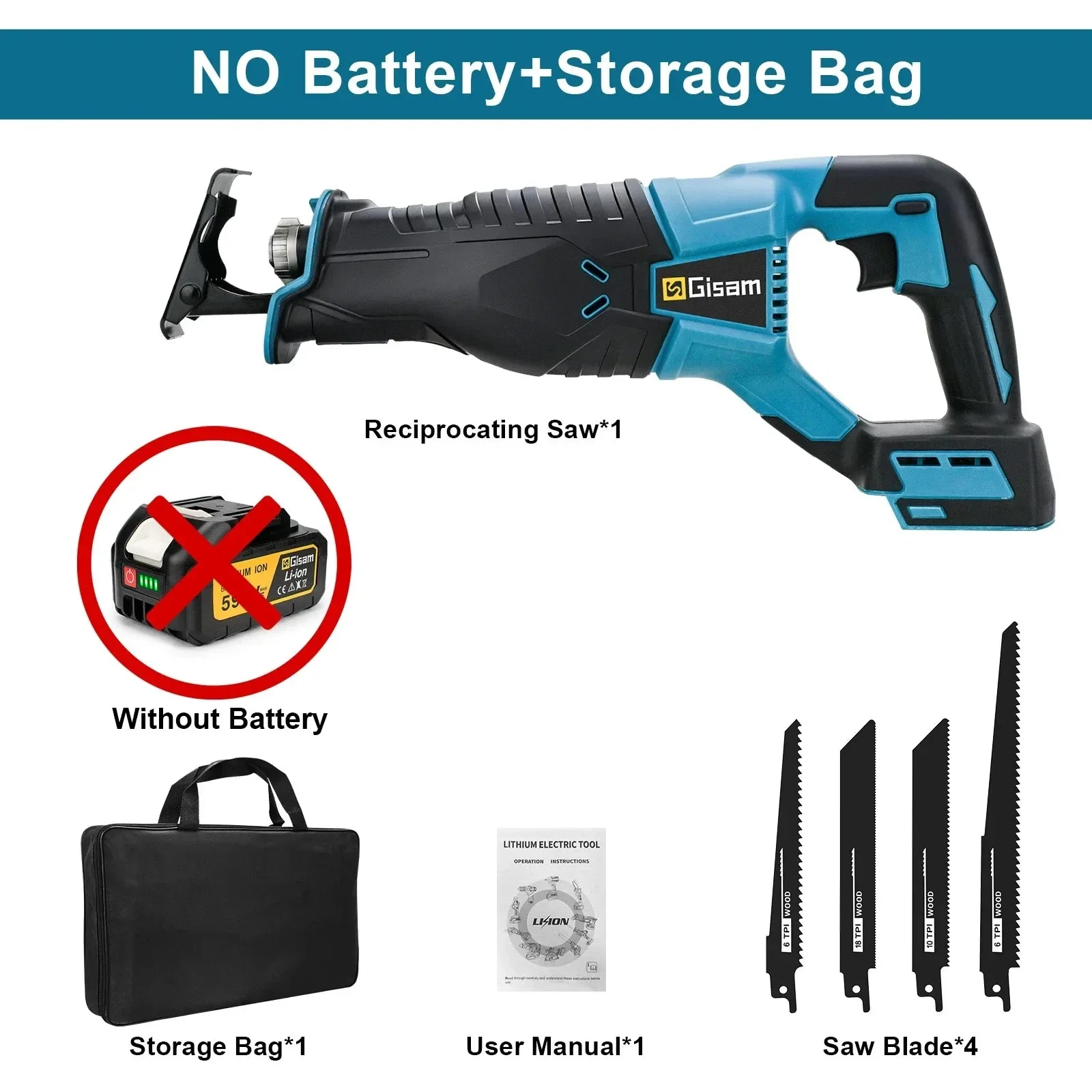 Gisam Scie Sabre 3000W 10000SPM Sans Fil - Coupe Rapide Compatible 18V Makita – Image 6