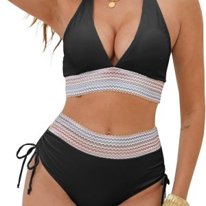 Yutdeng Maillot de Bain Femme 2 Pieces Push Up Triangle Bikini Set Taille Haute