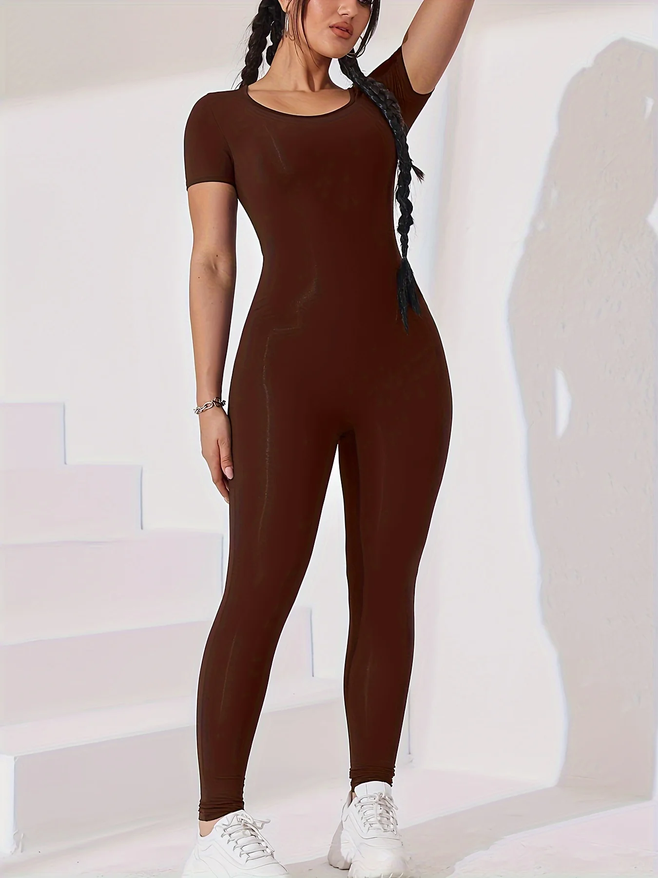 Combinaison de Yoga pour femmes, couleur unie, combinaison slim à manches courtes – Image 6