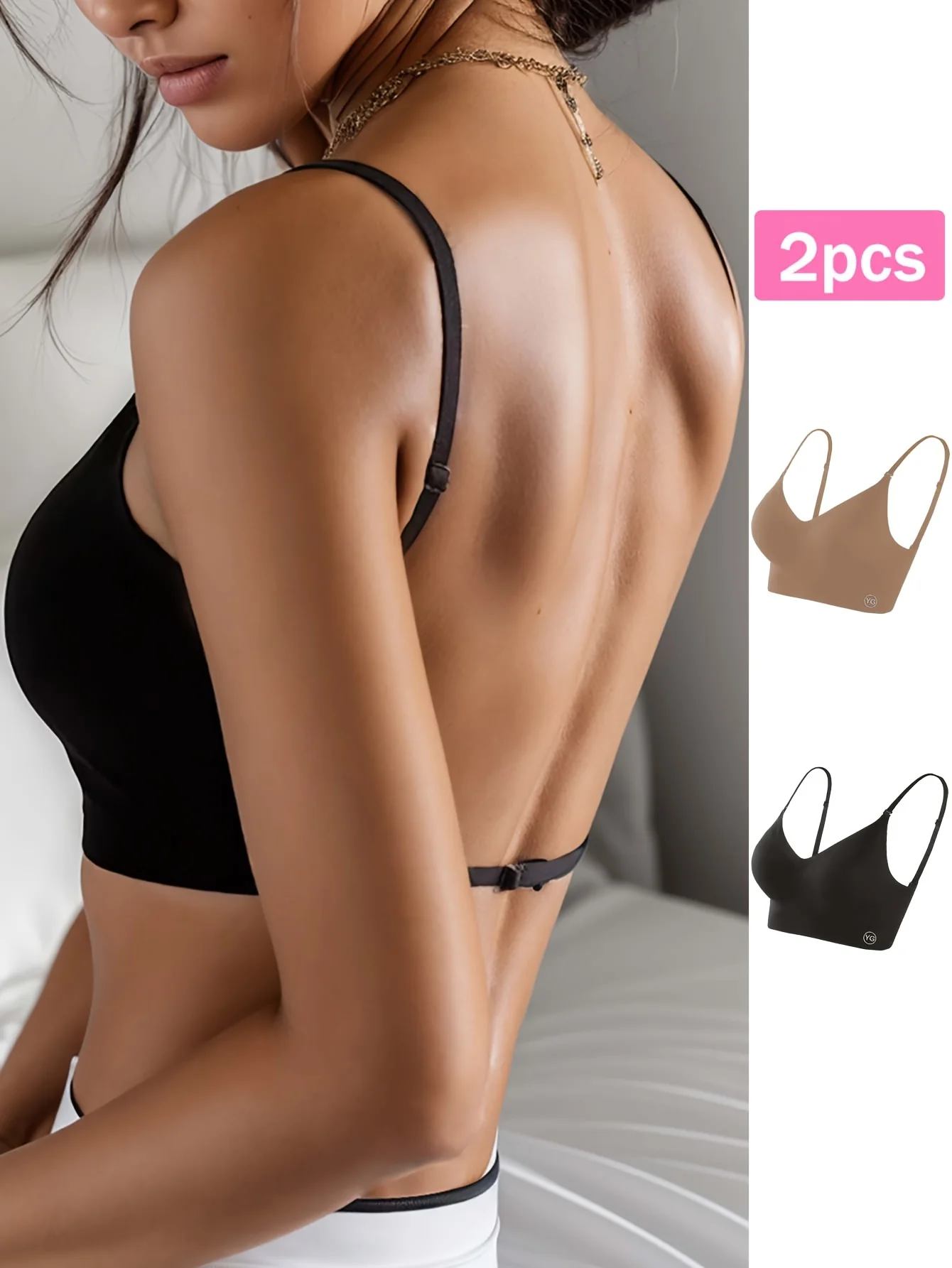 2 pièces soutien-gorge sans couture, dos nu en U, respirant et confortable avec bretelles réglables – Image 2