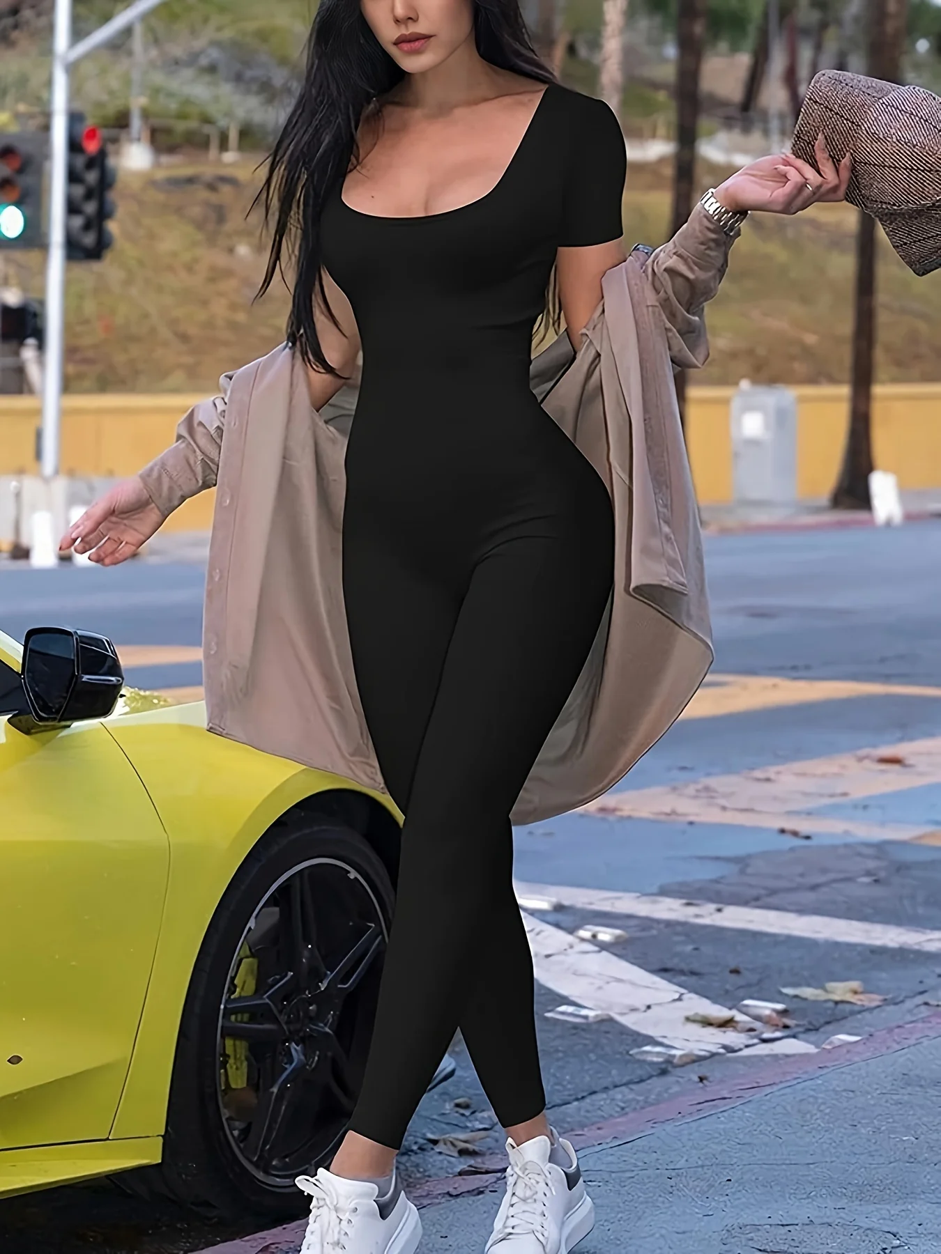 Combinaison de Yoga pour femmes, couleur unie, combinaison slim à manches courtes – Image 5