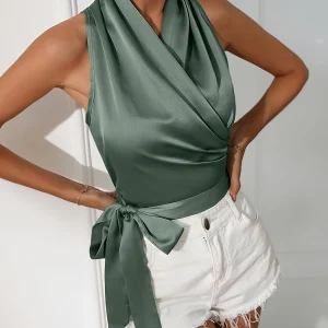 Haut licou ceinturé , haut froncé sans manches élégant