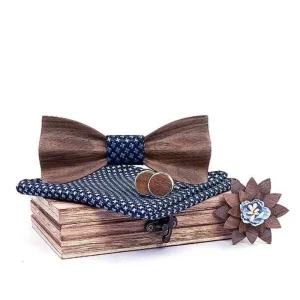 Coffret Noeud Papillon Bois"Noyer-3D" Bleu Croix