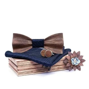 Coffret Noeud Papillon Bois"Noyer-3D" Bleu Rayé