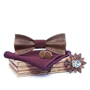 Coffret Noeud Papillon Bois"Noyer-3D" Bordeaux