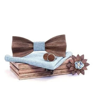 Coffret Noeud Papillon Bois"Noyer-3D" Cyan