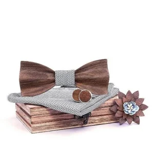 Coffret Noeud Papillon Bois"Noyer-3D" Gris