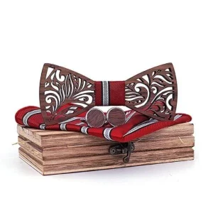 Coffret Noeud Papillon Bois"Tribal" Rouge
